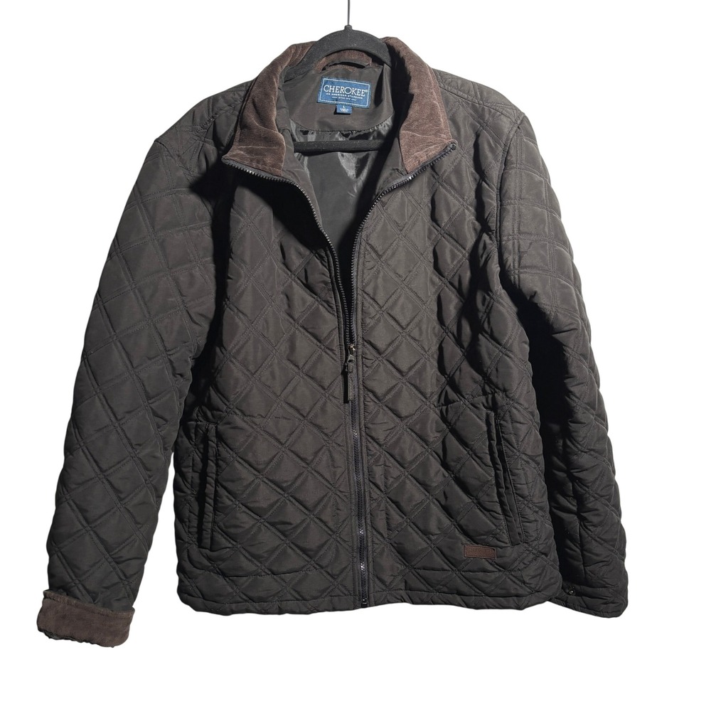 Cherokee Mens Black Quilted Barn Coat Jacket Brown Corduroy Collar Trim‎ Zip L